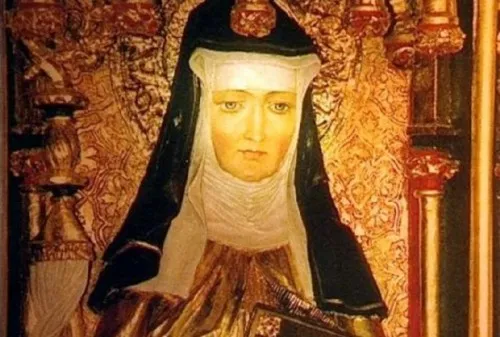 Pintura da abadessa Hildegard von Bingen, de véu e hábito, sobre fundo dourado ornamentado