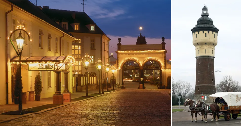 Colagem da cidade de Plzeň: rua de paralelepípedos iluminada ao entardecer e torre de água de tijolos com carroça de cavalos