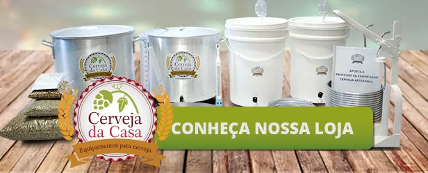 Banner Cerveja da Casa com panelas, fermentadores, malte e apostila de fabricação, com o botão Conheça nossa loja