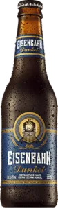 Garrafa de Eisenbahn Dunkel, cerveja escura, com rótulo azul e dourado