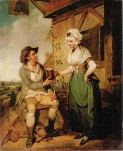 Pintura antiga de The Ale House Door, de Henry Singleton: mulher oferece caneca de cerveja a homem sentado, c. 1790