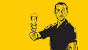 Ilustração de homem sorridente erguendo copo de cerveja sobre fundo amarelo
