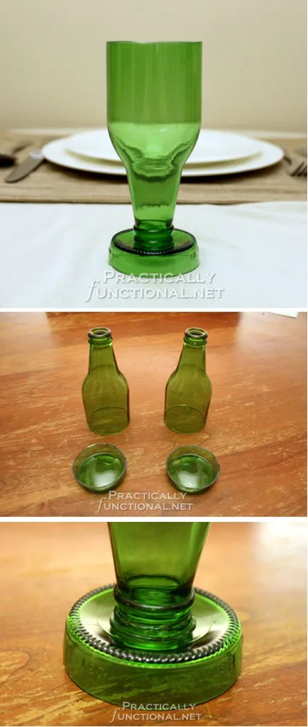 Cálice feito com uma garrafa verde cortada e fixada na própria base, com as etapas do corte