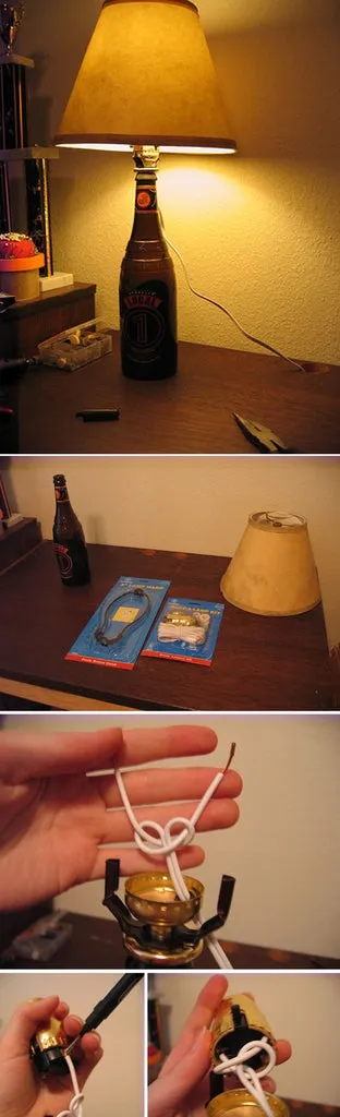Luminária de mesa feita com uma garrafa de cerveja como base, com as etapas da montagem do fio e do soquete