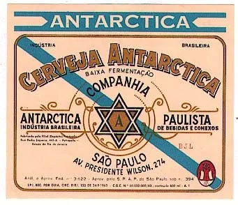 Rótulo antigo da Cerveja Antarctica, da Companhia Antarctica Paulista, com estrela de seis pontas