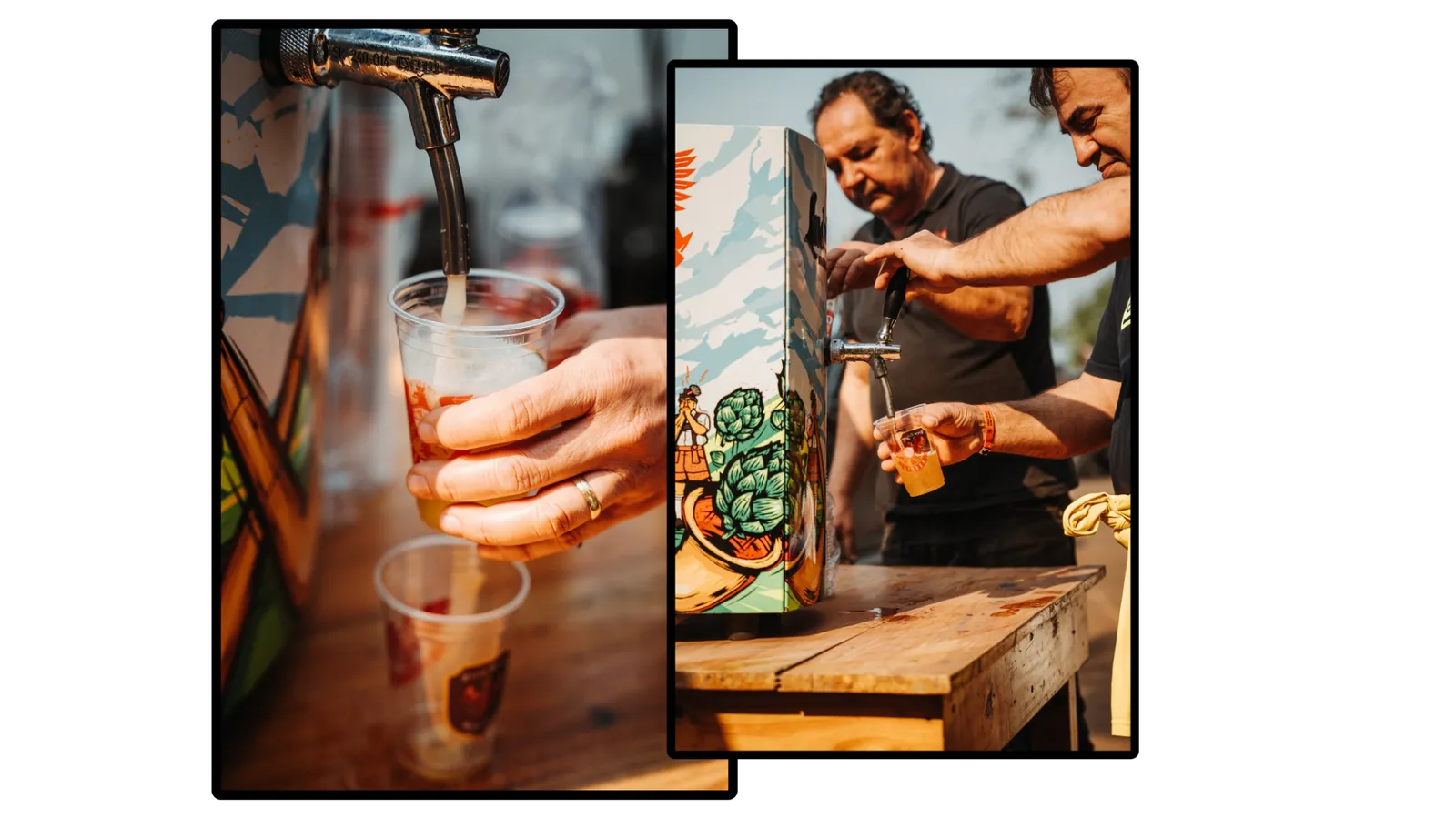 Colagem com chope sendo tirado de torneira em copo plástico, e dois homens servindo cerveja em barril ilustrado