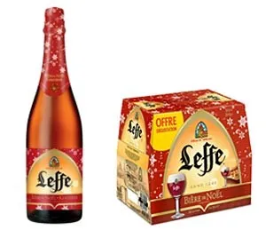Garrafa e caixa de seis garrafas da cerveja natalina Leffe Bière de Noël, em embalagem vermelha