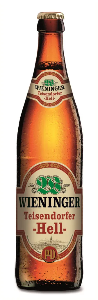 Garrafa de Wieninger Teisendorfer Hell, cerveja Helles bávara, com rótulo bege e verde