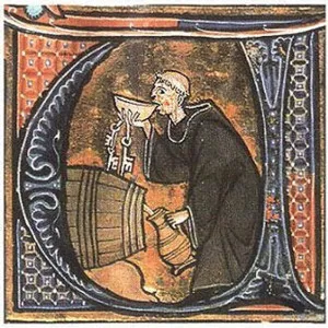 Miniatura medieval de um monge bebendo de uma tigela ao lado de um barril, com chaves nas mãos